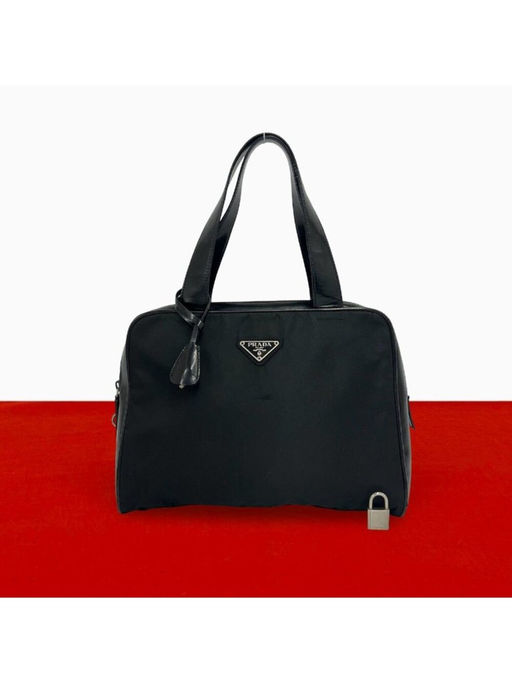 Prada Triangle Logo Tessuto Pocono Nylon Patent Handbag Mini Tote Black